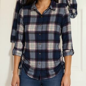 Passport Women’s Small Plaid Button Down Shirt Navy Blue Pink White
